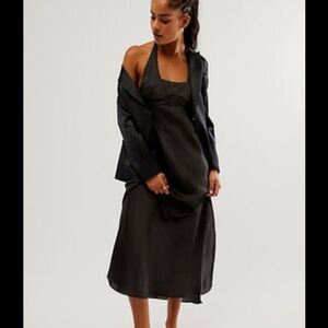 NWOT Free People Happy Hour Black Satin Midi Slip Dress L
